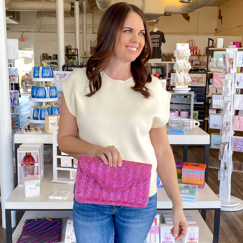 Fuschia Striped Beaded Crossbody - Lyla's: Clothing, Decor & More - Plano Boutique