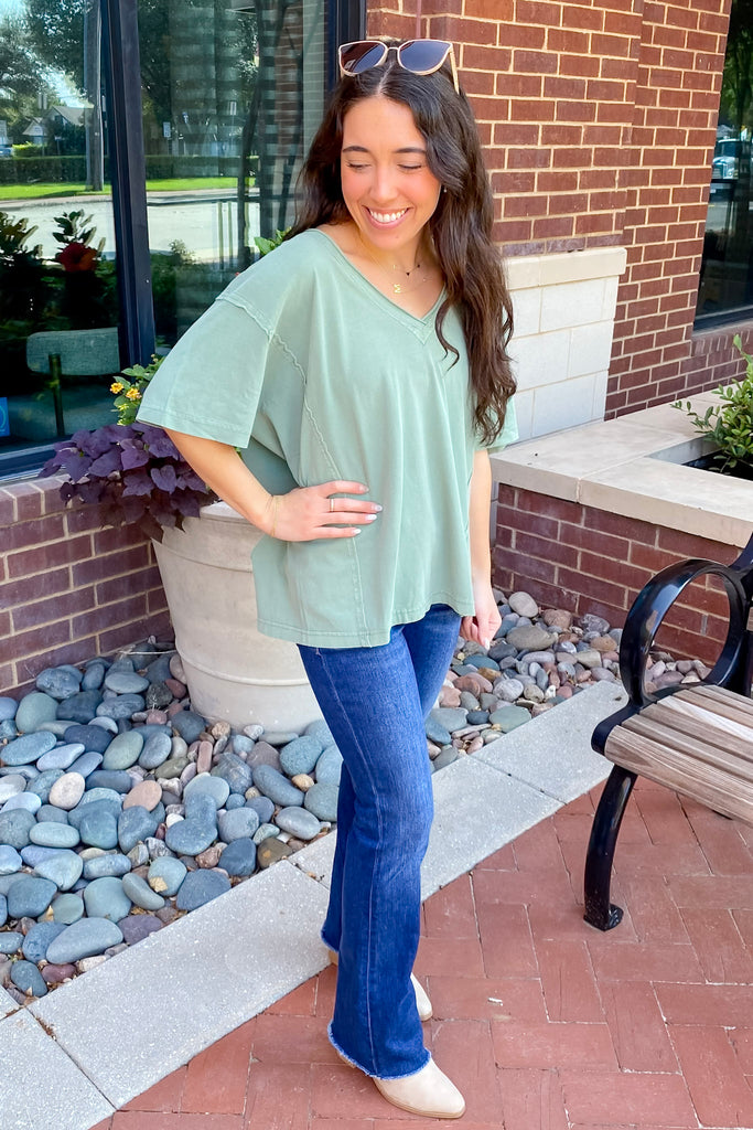 Last Chance Raw Edge Olive Sage Top - Lyla's: Clothing, Decor & More - Plano Boutique