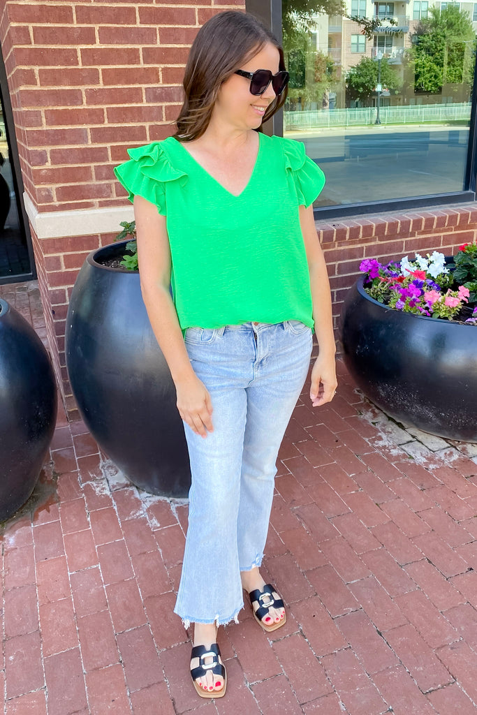 Time To Go Ruffle Sleeve Apple Green Top - Lyla's: Clothing, Decor & More - Plano Boutique