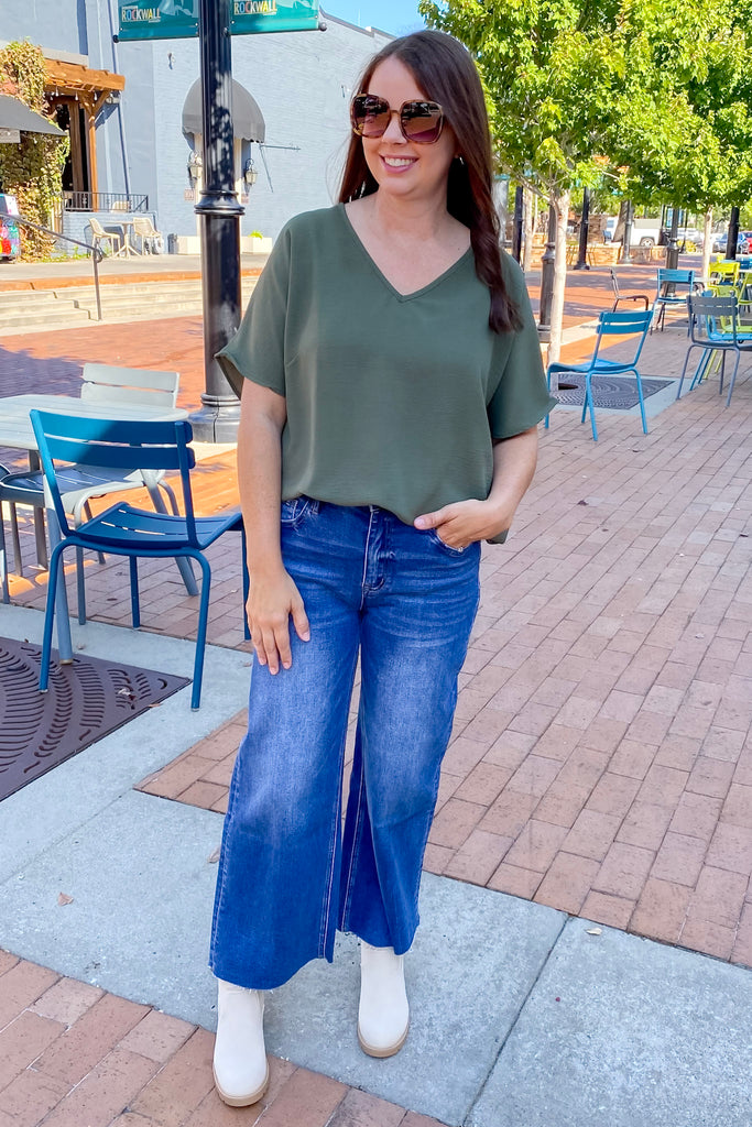 Simple V Neckline Olive Top - Lyla's: Clothing, Decor & More - Plano Boutique