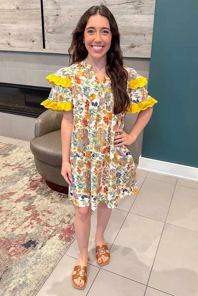 Marigold Flutter Floral Print Dress - Lyla's: Clothing, Decor & More - Plano Boutique