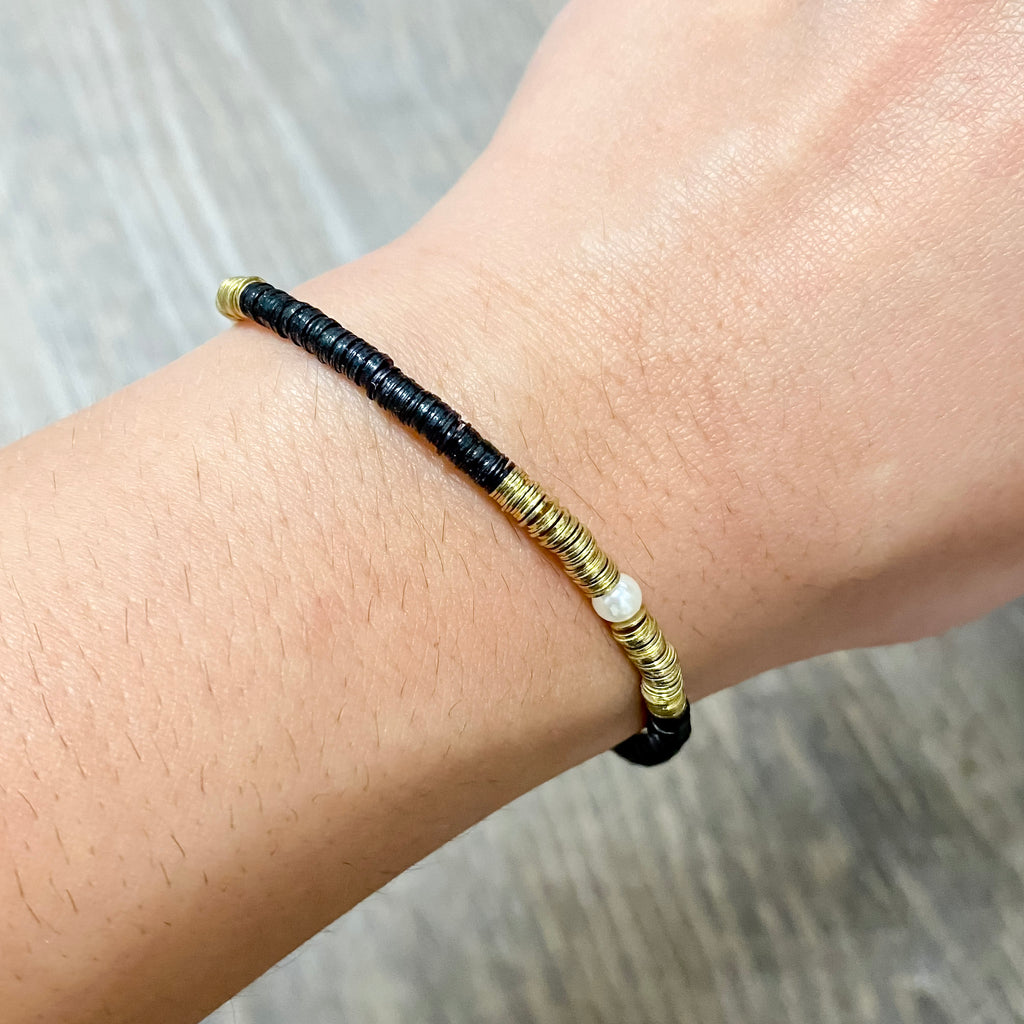 Rory Solid Color With Gold And Pearls Small Sequin Stretch Bracelet Black by Ink & Alloy - Lyla's: Clothing, Decor & More - Plano Boutique