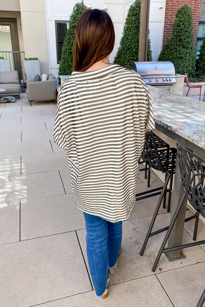 Drapey High Lo Button Up Striped Black and Off White Top - Lyla's: Clothing, Decor & More - Plano Boutique