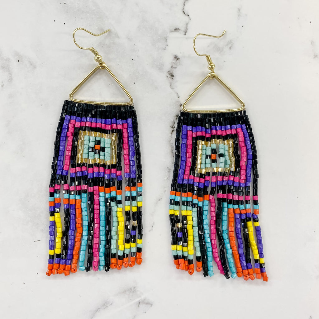 Brooke Squares Beaded Fringe Earrings Neon Black by Ink & Alloy - Lyla's: Clothing, Decor & More - Plano Boutique