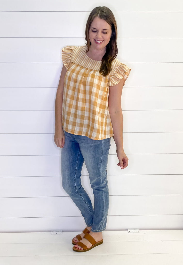 Mustard Mixed Gingham Print Top - Lyla's: Clothing, Decor & More - Plano Boutique
