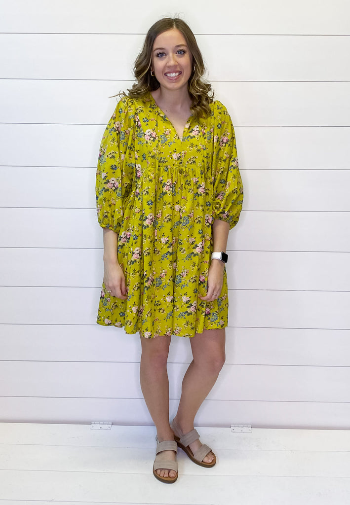Chartreuse Floral Print Dress - Lyla's: Clothing, Decor & More - Plano Boutique