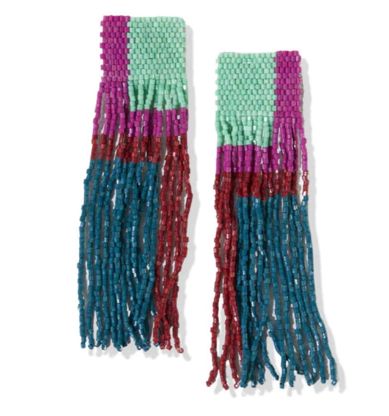 Mint Magenta Crimson Color Block Long Luxe Fringe Post Earrings by Ink & Alloy - Lyla's: Clothing, Decor & More - Plano Boutique