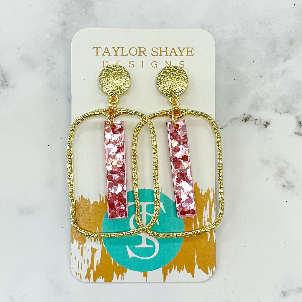 Light Pink Stick Rectangle Hoops Earrings by Taylor Shaye - Lyla's: Clothing, Decor & More - Plano Boutique
