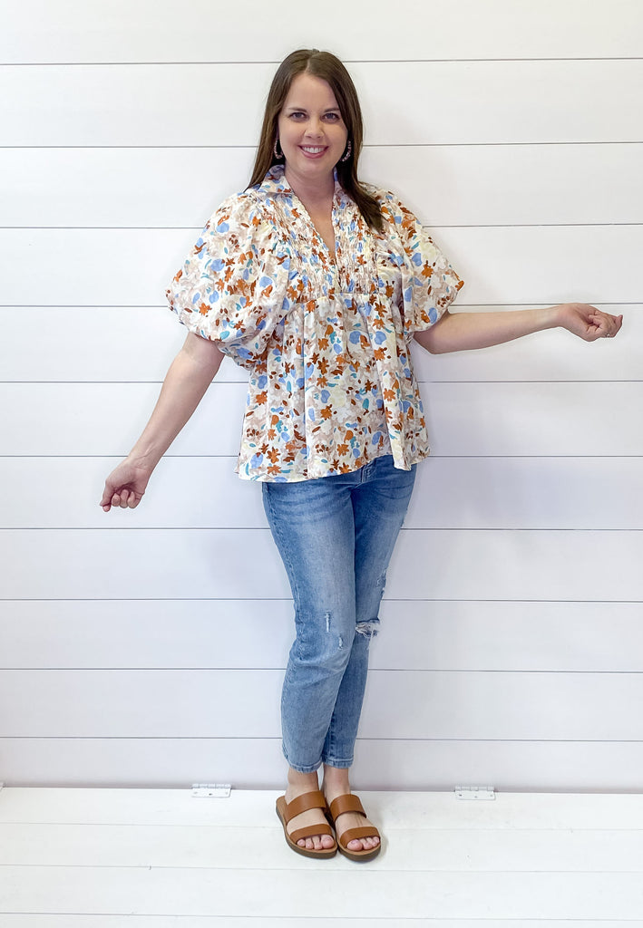 Enjoy the Day Tan Print Puff Sleeve Top - Lyla's: Clothing, Decor & More - Plano Boutique