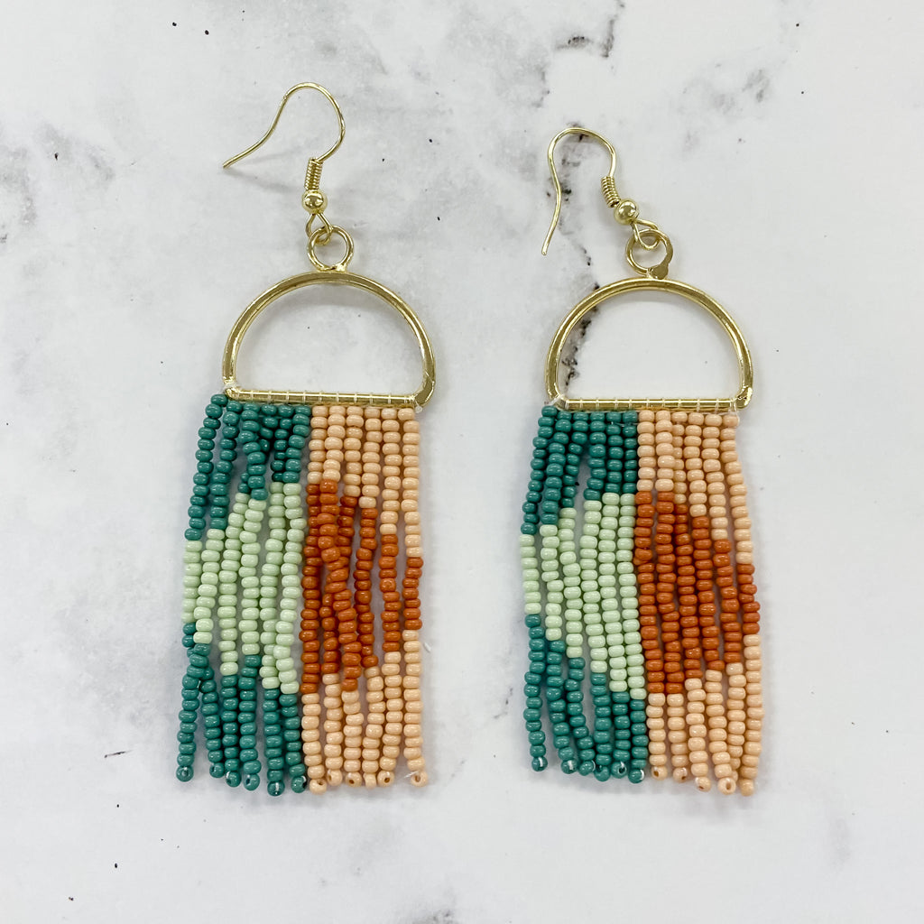 Allison Half Circle Color Block Beaded Fringe Earrings Desert by Ink & Alloy - Lyla's: Clothing, Decor & More - Plano Boutique