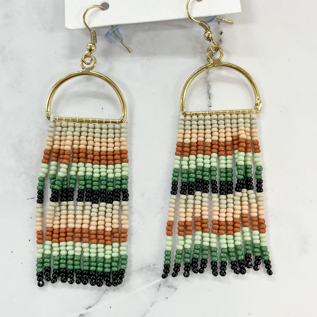 Green Mint Black Horizontal Stripe On Arch Fringe Seed Bead Earrings by Ink & Alloy - Lyla's: Clothing, Decor & More - Plano Boutique