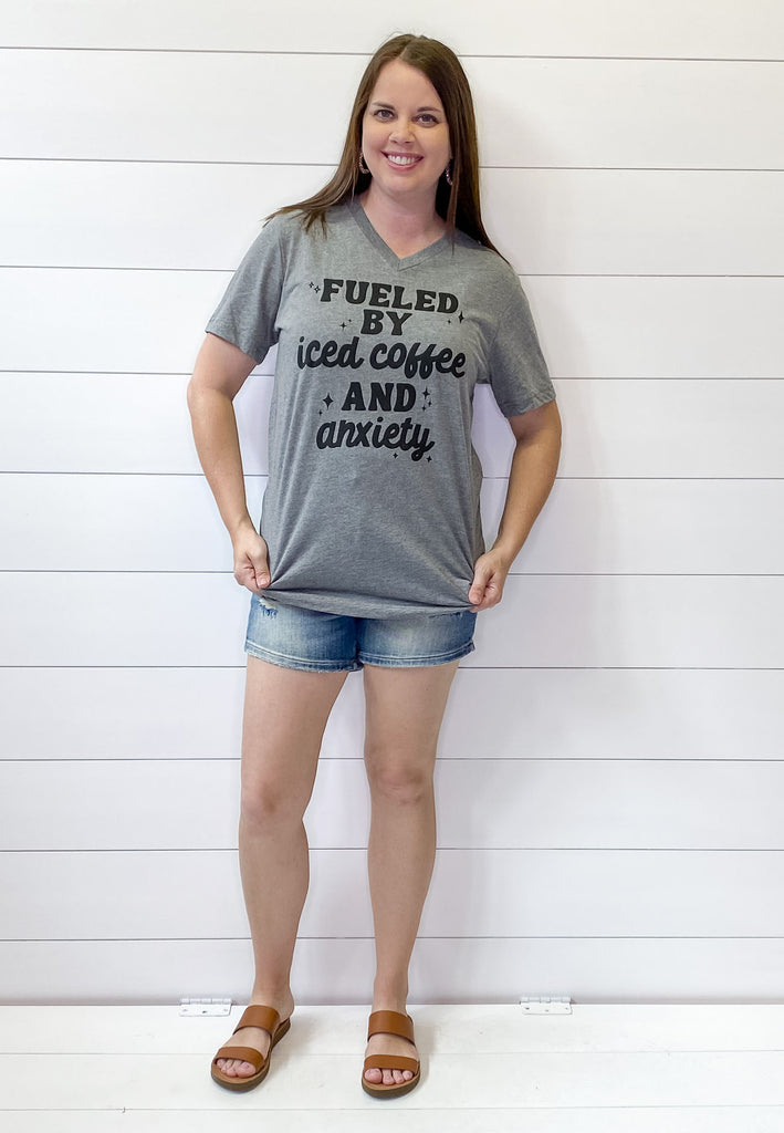 Fueled by Iced Coffee and Anxiety Grey Top - Lyla's: Clothing, Decor & More - Plano Boutique