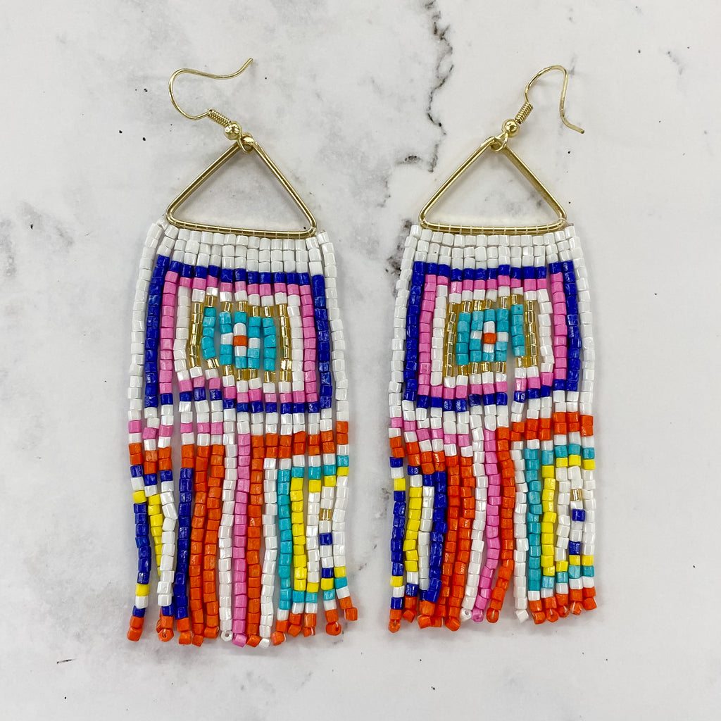 Brooke Squares Beaded Fringe Earrings Neon White by Ink & Alloy - Lyla's: Clothing, Decor & More - Plano Boutique
