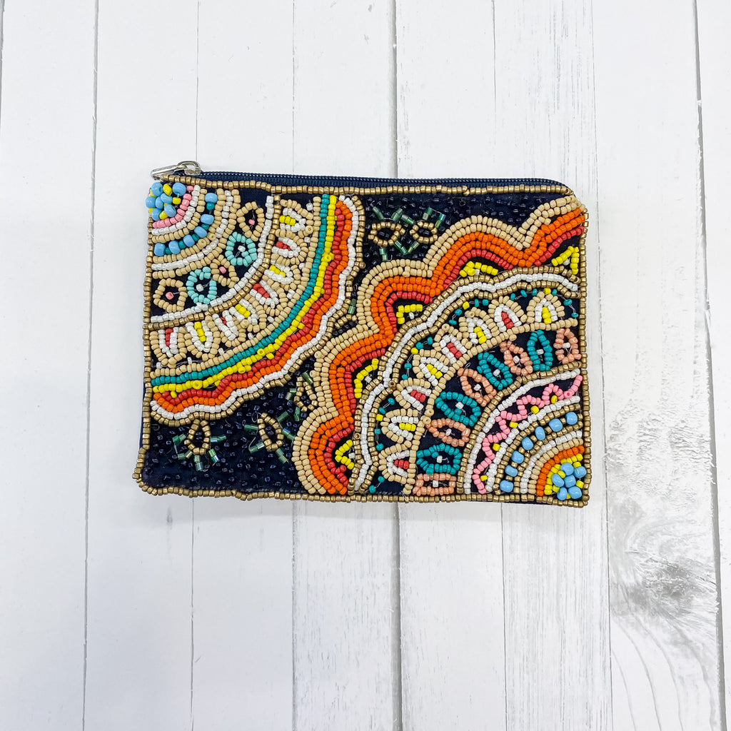 Navy, Orange, Taupe Print Beaded Pouch - Lyla's: Clothing, Decor & More - Plano Boutique
