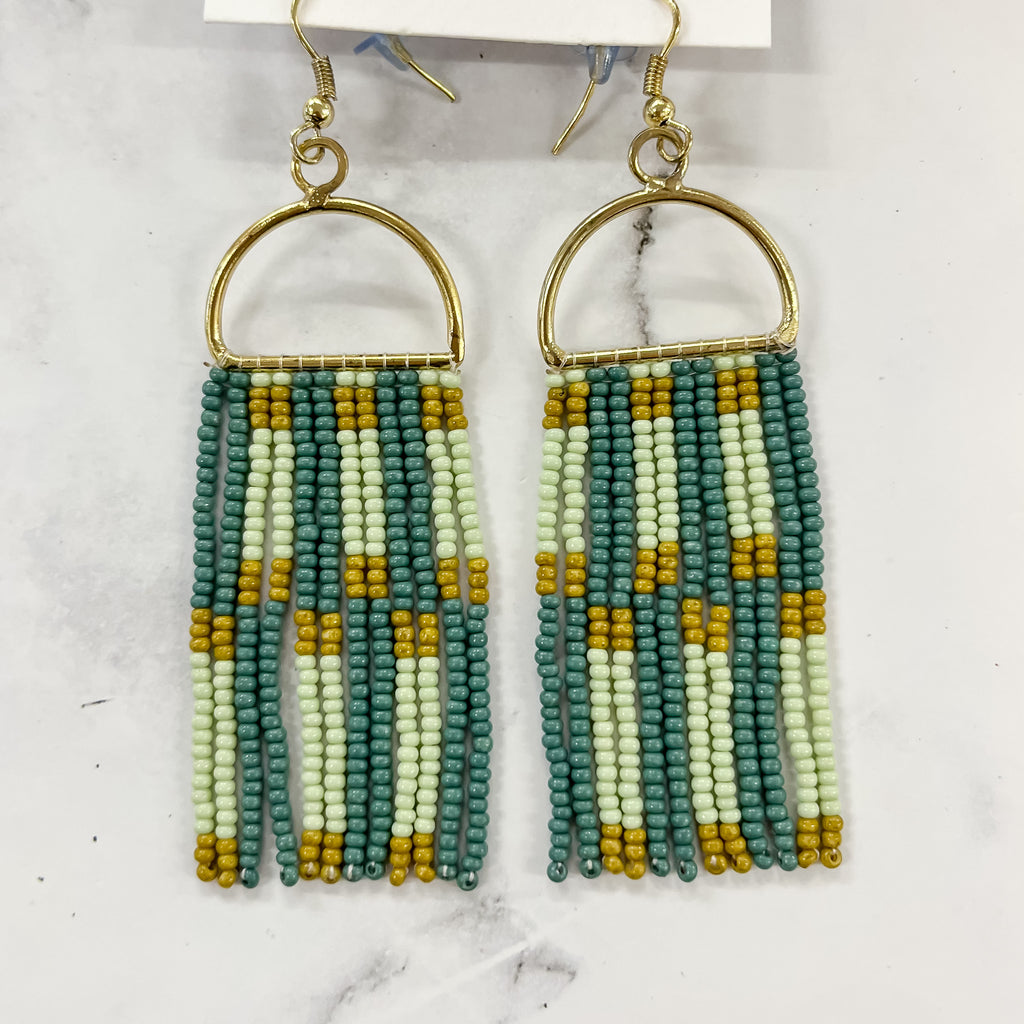 Green Mint Citron Check Stripe On Arch Fringe Seed Bead Earrings by Ink & Alloy - Lyla's: Clothing, Decor & More - Plano Boutique