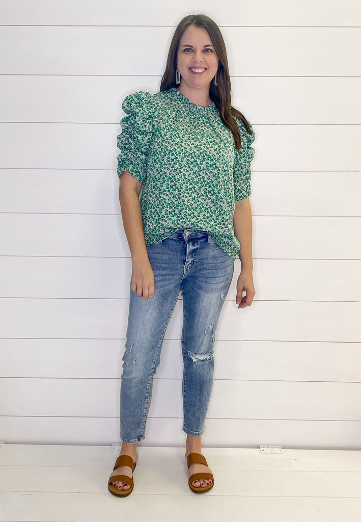 Green and Pink Ditsy Floral Print Top - Lyla's: Clothing, Decor & More - Plano Boutique