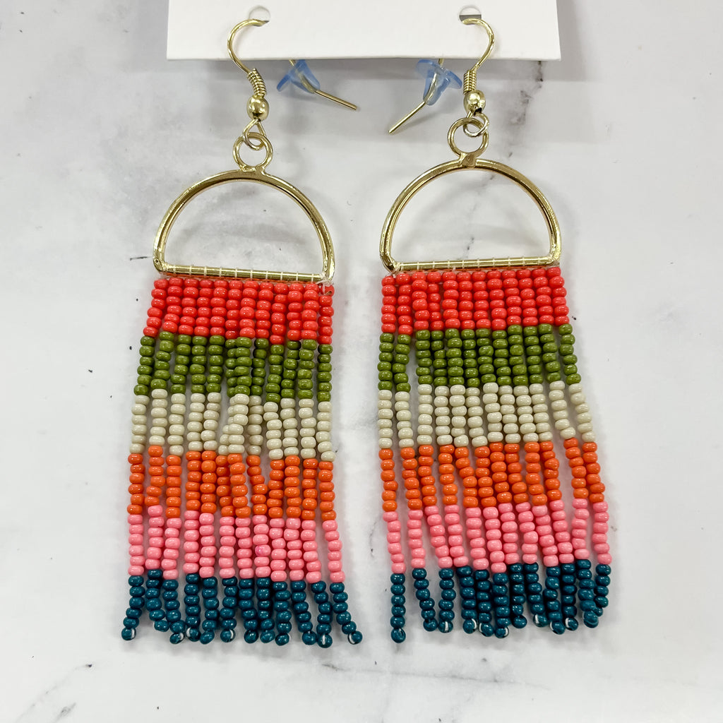 Peacock Pink Coral Horizontal Stripe on Arch Earrings by Ink & Alloy - Lyla's: Clothing, Decor & More - Plano Boutique