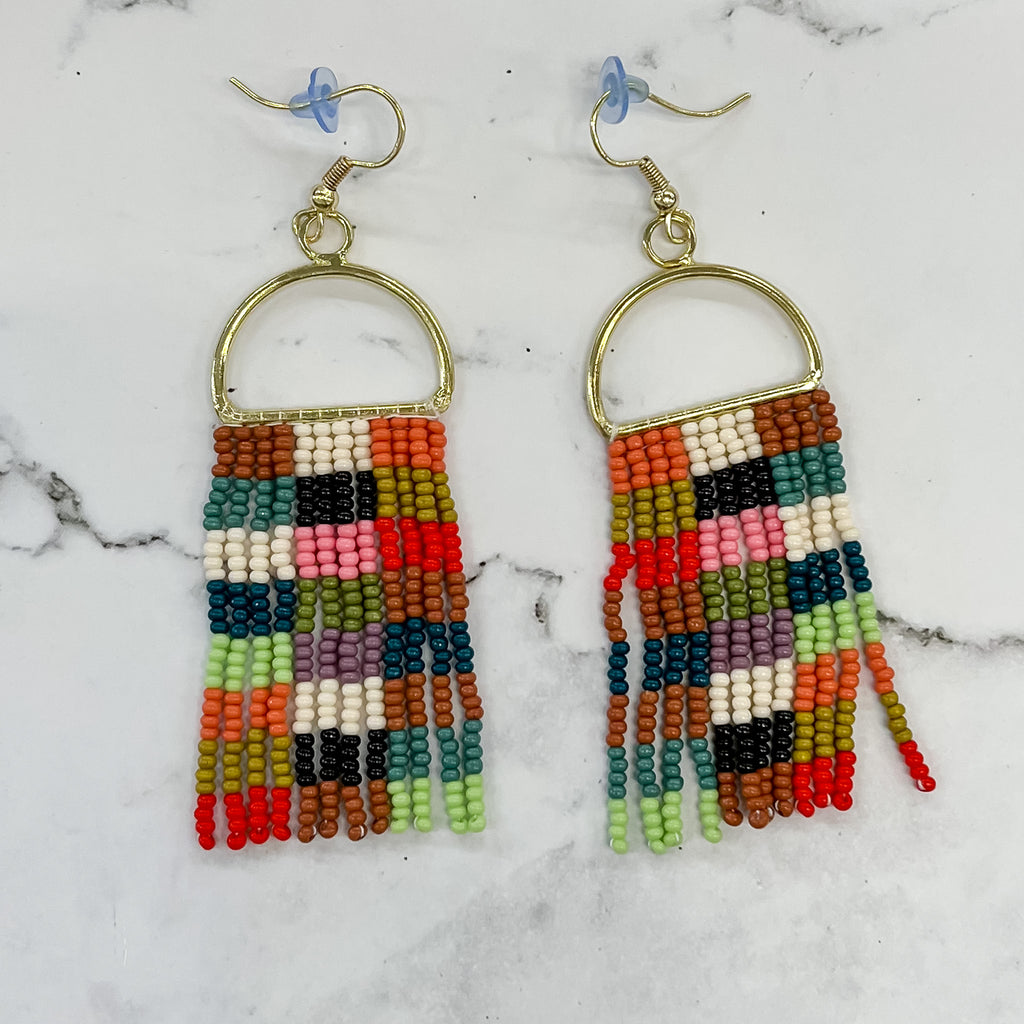 Allison Checkered Beaded Fringe Earrings Multicolor by Ink & Alloy - Lyla's: Clothing, Decor & More - Plano Boutique