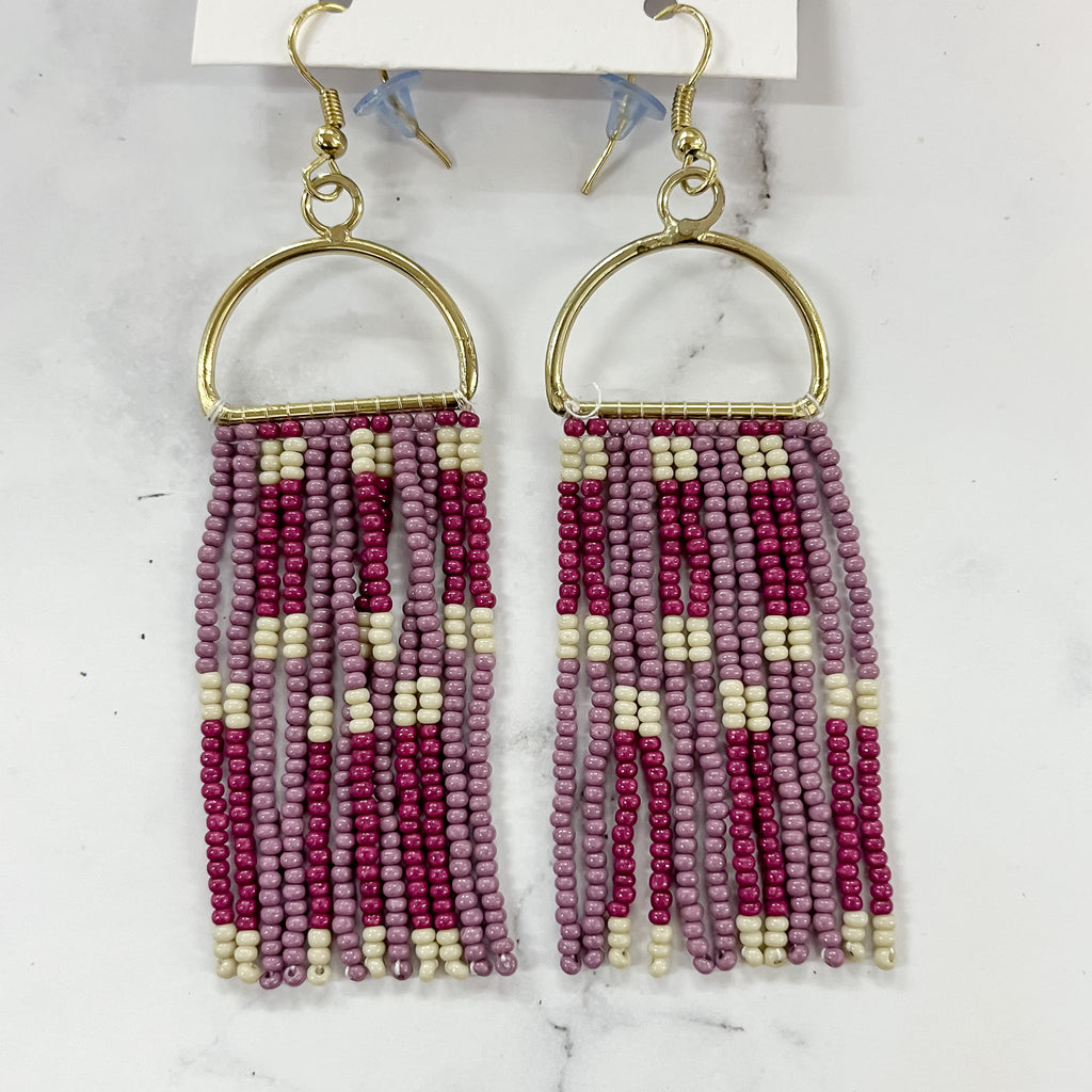 Lilac Maroon Ivory Check Stripe on Arch Earrings by Ink & Alloy - Lyla's: Clothing, Decor & More - Plano Boutique