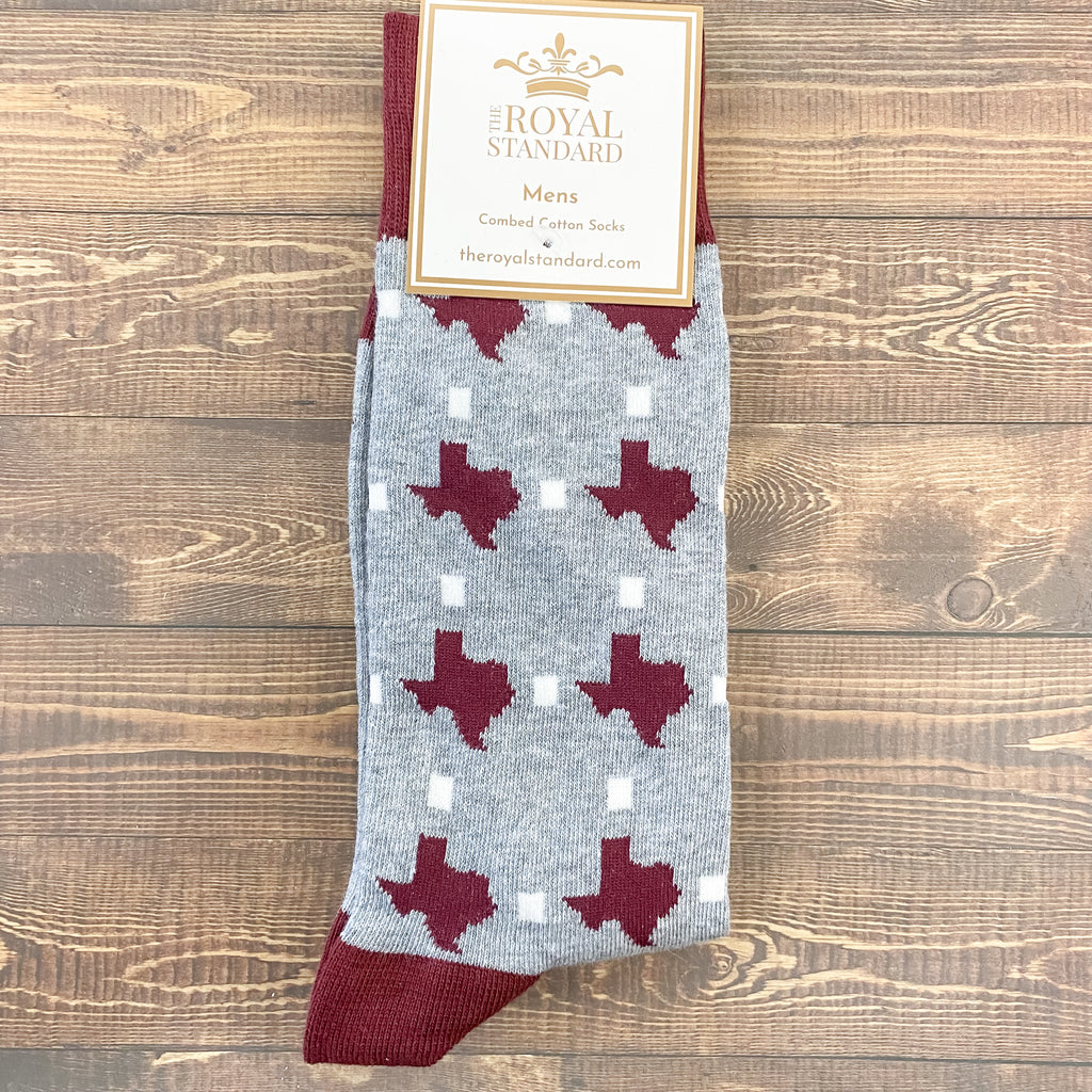 Maroon and Grey Texas Mens Socks - Lyla's: Clothing, Decor & More - Plano Boutique