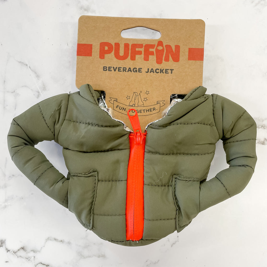 Green and Orange Puffin Beverage Jacket - Lyla's: Clothing, Decor & More - Plano Boutique