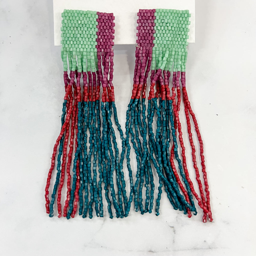 Mint Magenta Crimson Color Block Long Luxe Fringe Post Earrings by Ink & Alloy - Lyla's: Clothing, Decor & More - Plano Boutique