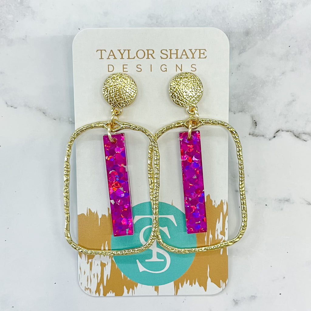 Pink Stick Rectangle Hoops Earrings by Taylor Shaye - Lyla's: Clothing, Decor & More - Plano Boutique
