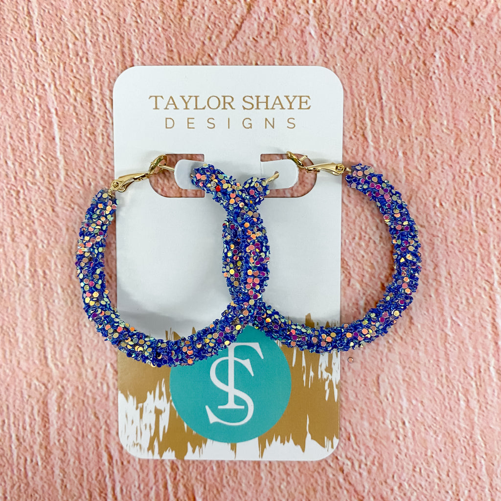 Blue Glitter Hoops by Taylor Shaye - Lyla's: Clothing, Decor & More - Plano Boutique