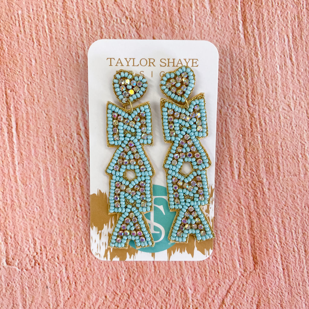 Blue Beaded Mama Earrings by Taylor Shaye - Lyla's: Clothing, Decor & More - Plano Boutique