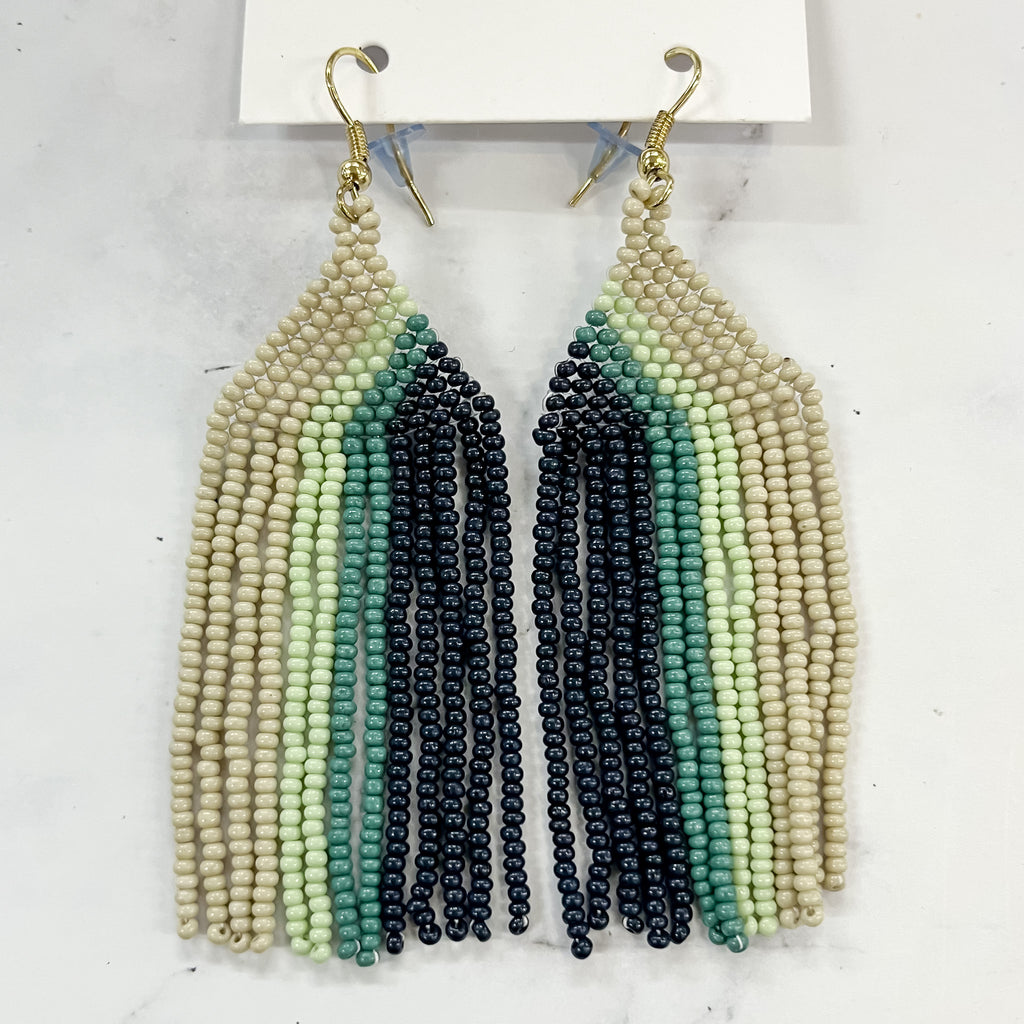 Ivory Mint Teal Navy Vertical Stripe Fringe Earrings by Ink & Alloy - Lyla's: Clothing, Decor & More - Plano Boutique