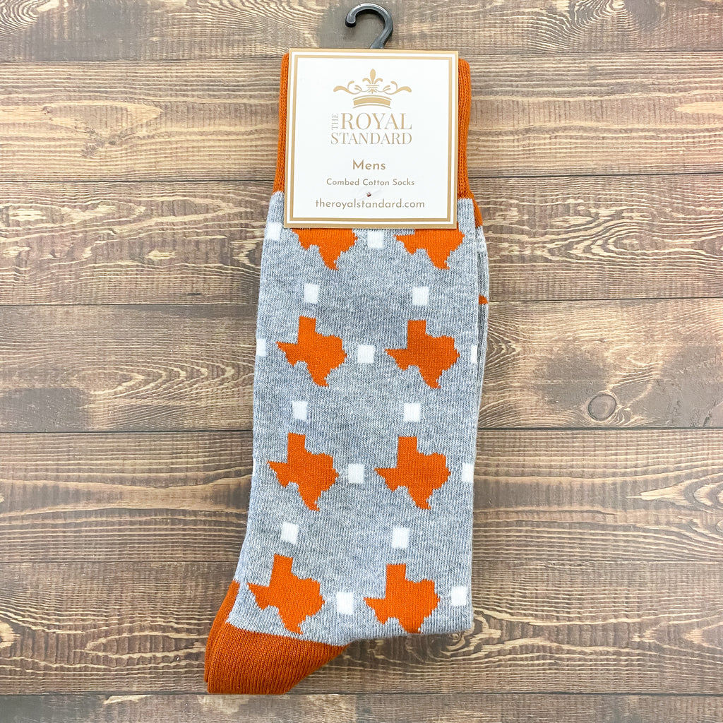 Burnt Orange and Grey Texas Mens Socks - Lyla's: Clothing, Decor & More - Plano Boutique