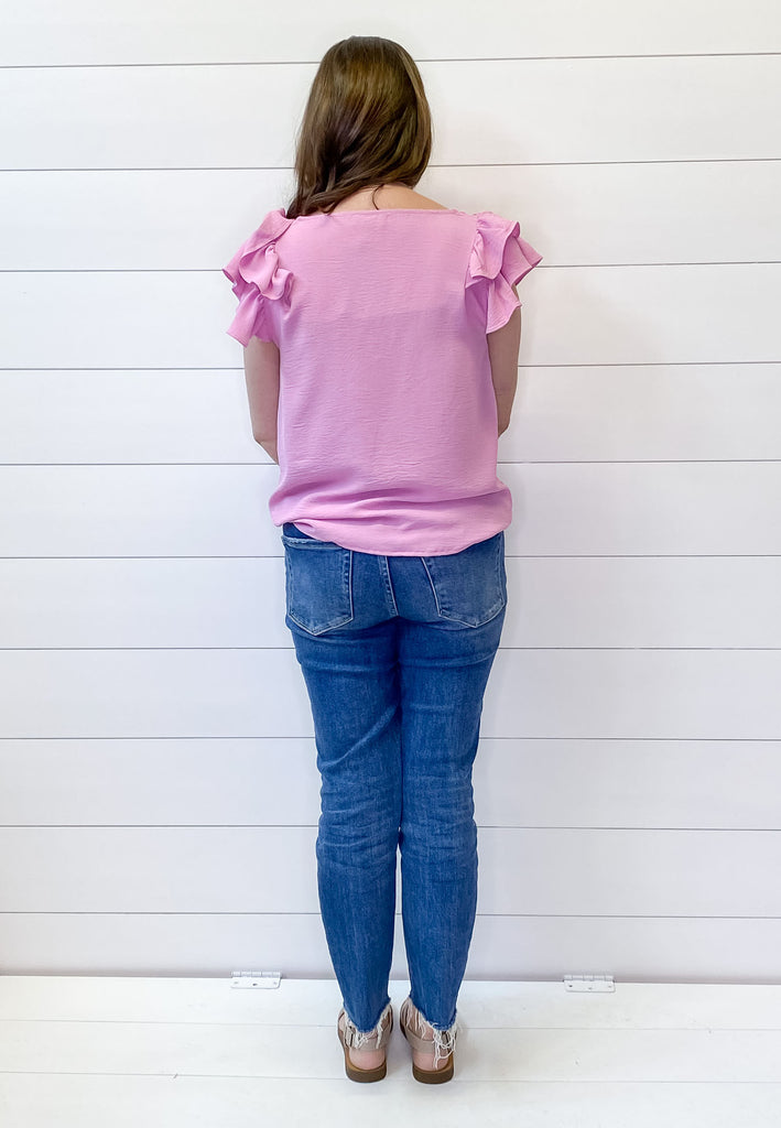 Bubble Pink Ruffle Sleeve V Neckline Top - Lyla's: Clothing, Decor & More - Plano Boutique