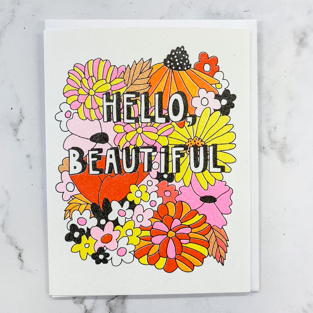 Hello Beautiful - Risograph Card by Yellow Owl Workshop - Lyla's: Clothing, Decor & More - Plano Boutique