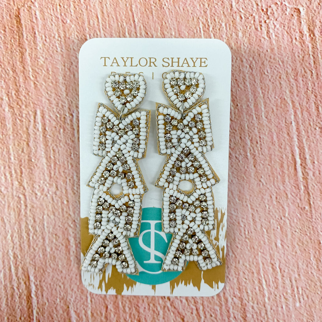 White Beaded Mama Earrings by Taylor Shaye - Lyla's: Clothing, Decor & More - Plano Boutique