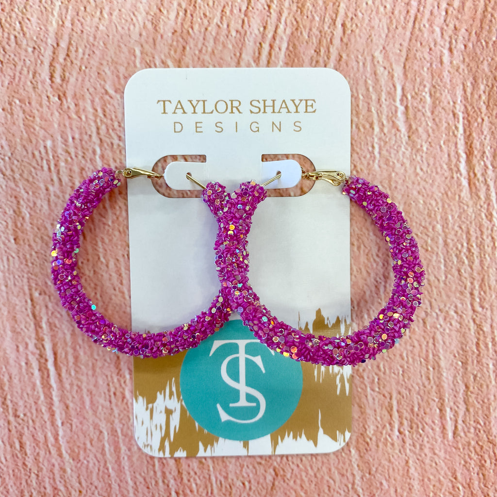 Hot Pink Glitter Hoops by Taylor Shaye - Lyla's: Clothing, Decor & More - Plano Boutique
