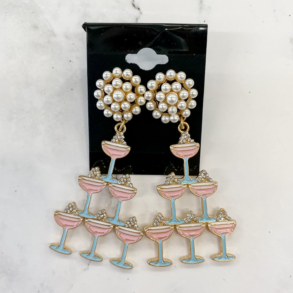 Crystal Enamel & Pavé Champagne Tower Earrings in Pink & Blue - Lyla's: Clothing, Decor & More - Plano Boutique