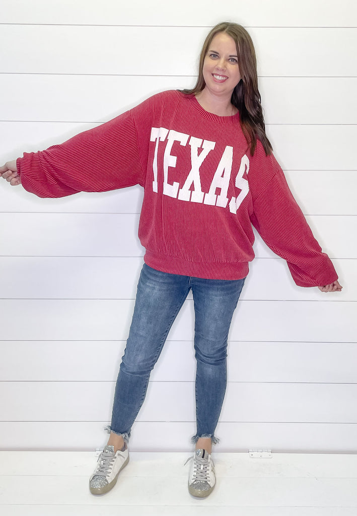 Texas Corduroy Graphic  Burgundy Sweater - Lyla's: Clothing, Decor & More - Plano Boutique