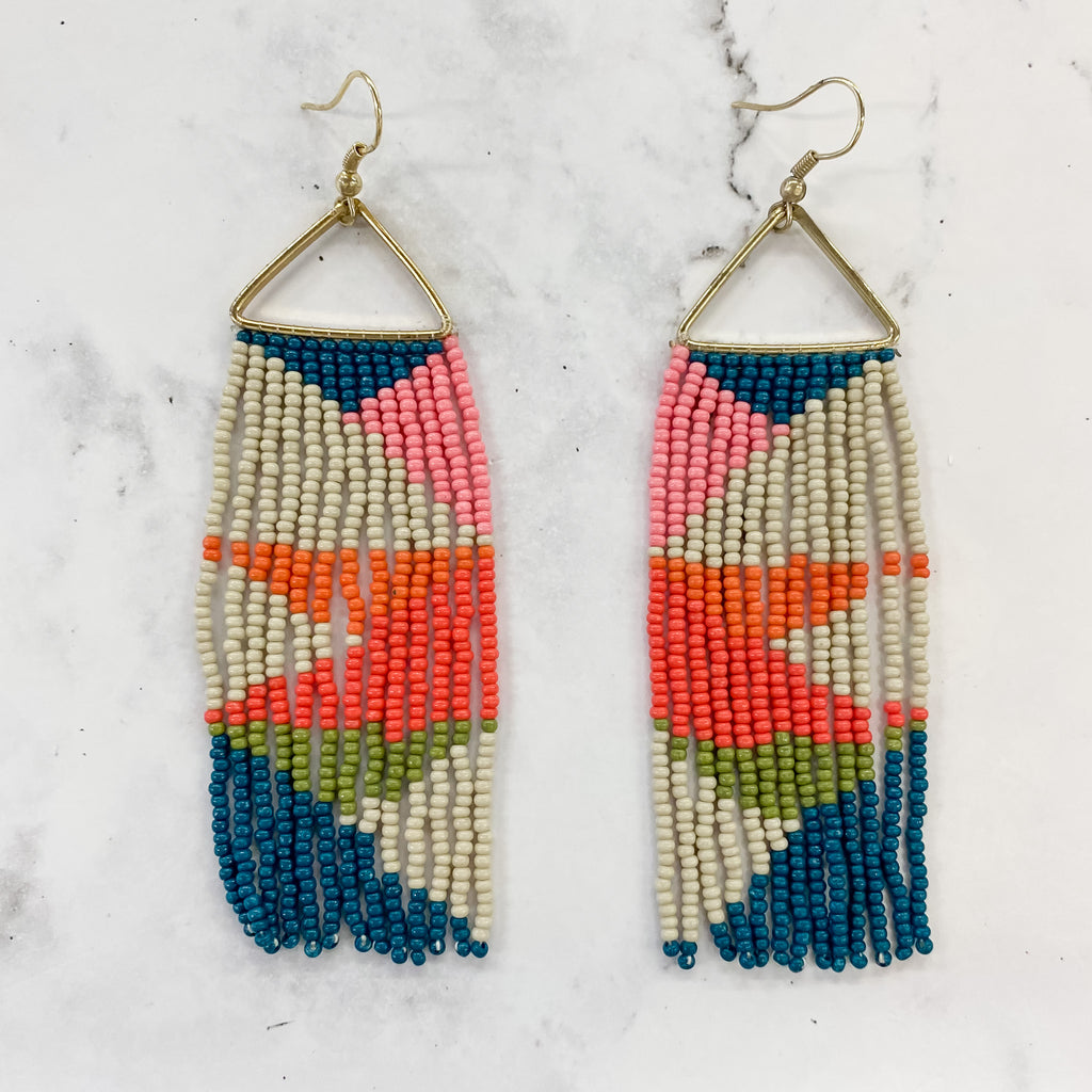 Brooke Triangles Beaded Fringe Earrings Peacock by Ink & Alloy - Lyla's: Clothing, Decor & More - Plano Boutique
