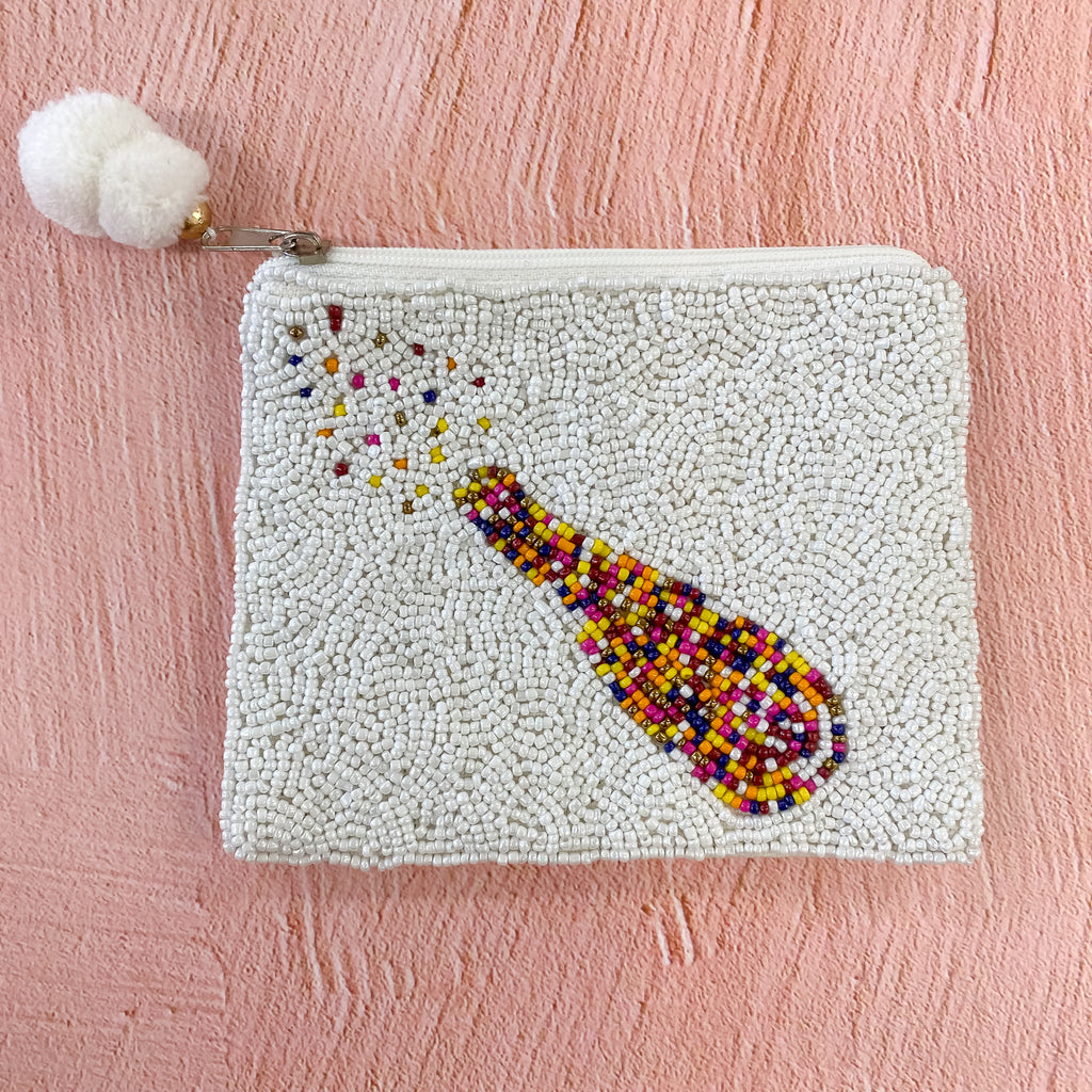 Champagne Bottle White Beaded Pouch - Lyla's: Clothing, Decor & More - Plano Boutique