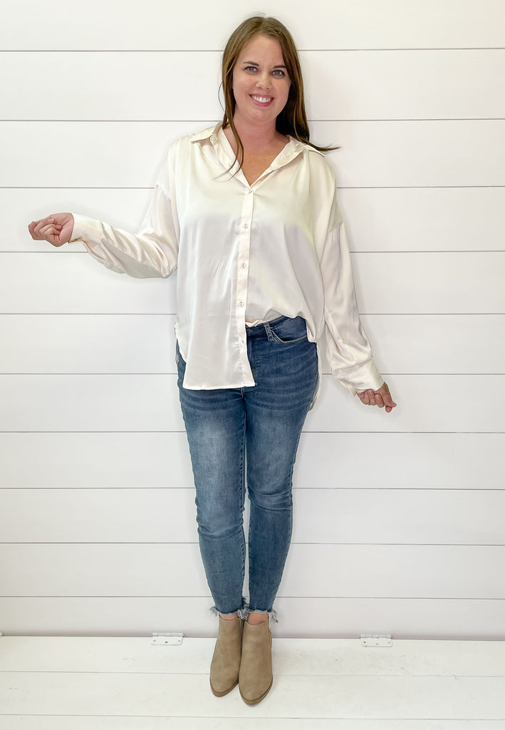 Look It Up Champagne Satin Top - Lyla's: Clothing, Decor & More - Plano Boutique