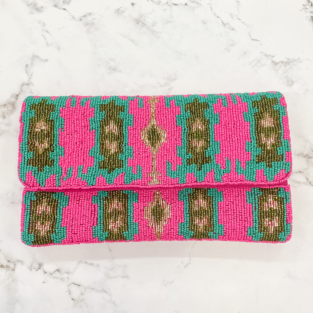 Pink, Green and Gold Print Beaded Bag - Lyla's: Clothing, Decor & More - Plano Boutique
