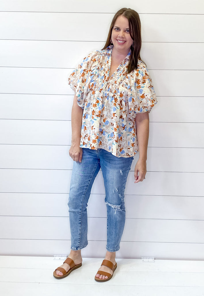 Enjoy the Day Tan Print Puff Sleeve Top - Lyla's: Clothing, Decor & More - Plano Boutique