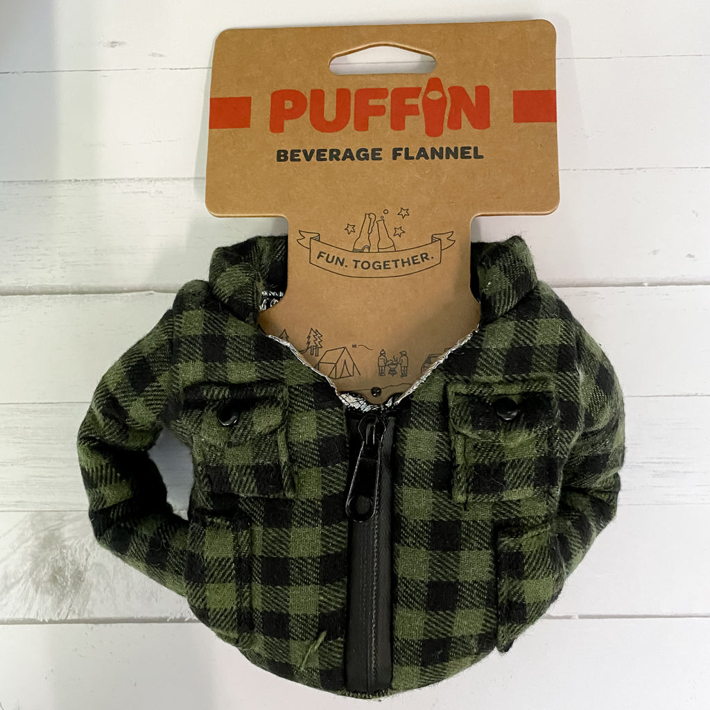 Green Buffalo Plaid Puffin Beverage Koozie - Lyla's: Clothing, Decor & More - Plano Boutique