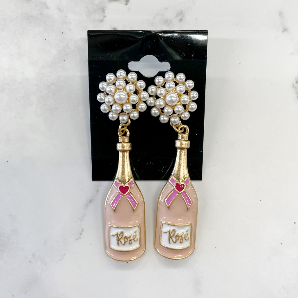 Rose Bottle Pearl Cluster Enamel Earrings in Pink - Lyla's: Clothing, Decor & More - Plano Boutique