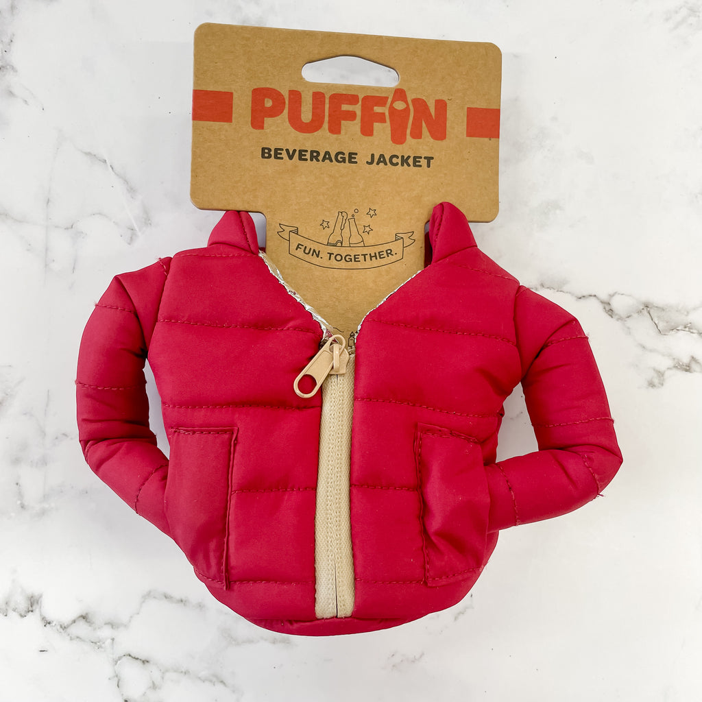 Red and Tan Puffin Beverage Jacket - Lyla's: Clothing, Decor & More - Plano Boutique