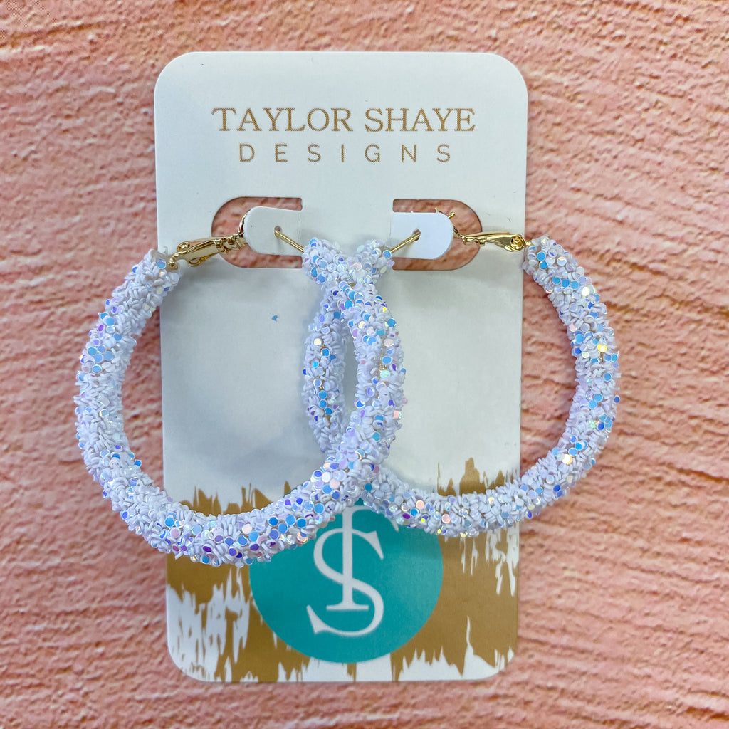 White Glitter Hoops by Taylor Shaye - Lyla's: Clothing, Decor & More - Plano Boutique
