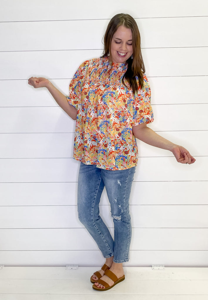 Head in the Clouds Floral Print Blue/Gold Top - Lyla's: Clothing, Decor & More - Plano Boutique