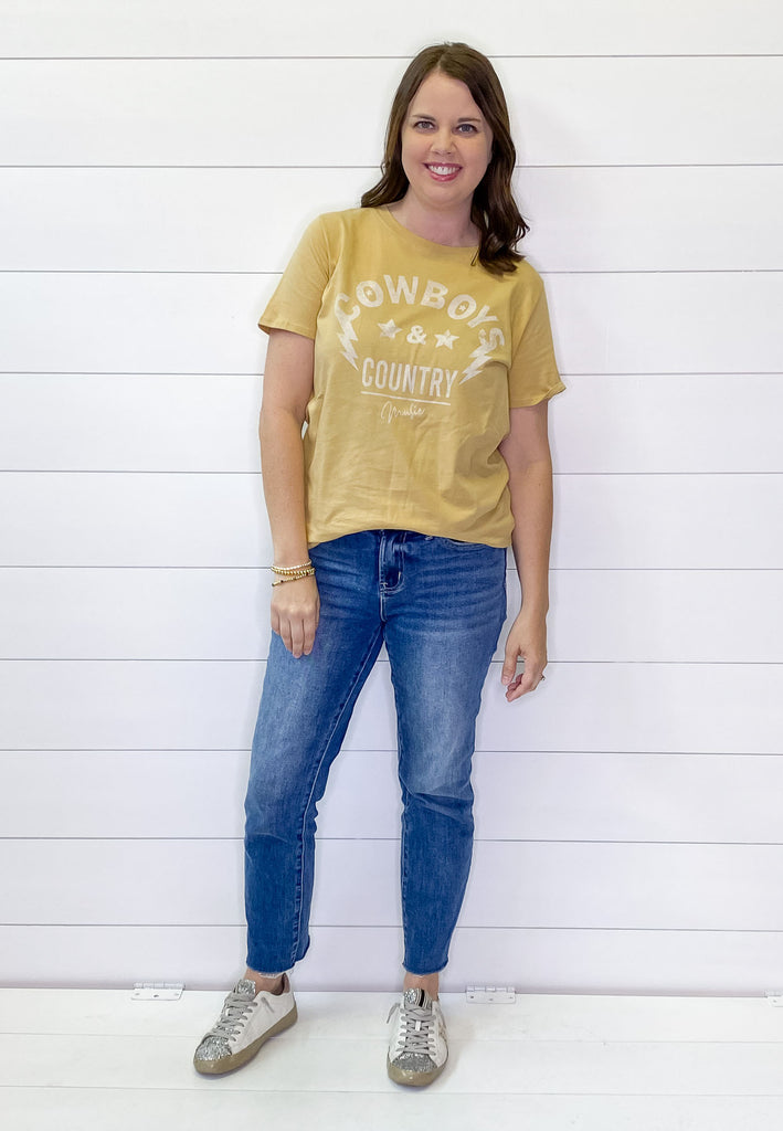 Cowboys and Country Music Mustard Top - Lyla's: Clothing, Decor & More - Plano Boutique