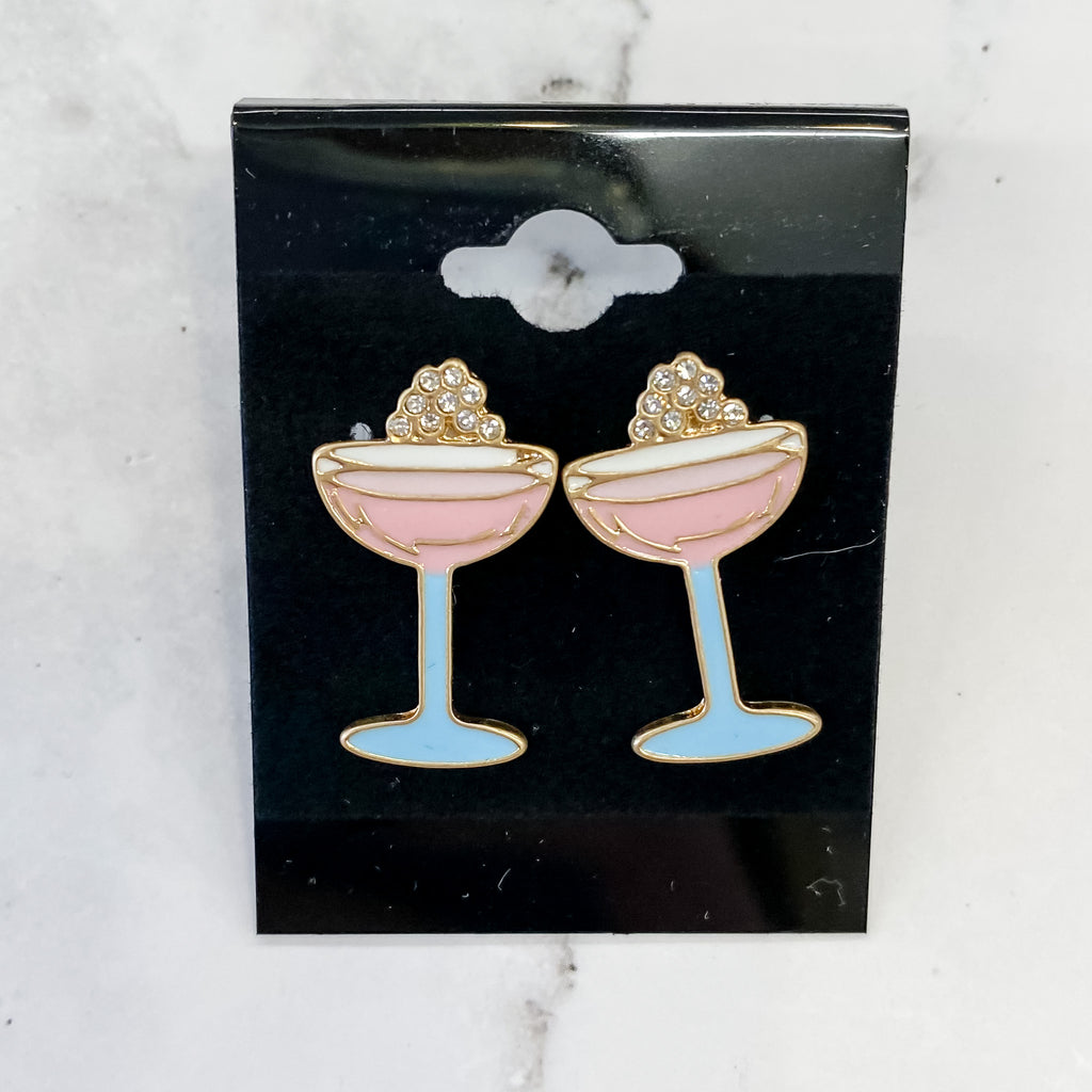 Crystal Enamel & Pavé Champagne Coupe Stud Earrings in Pink & Blue - Lyla's: Clothing, Decor & More - Plano Boutique
