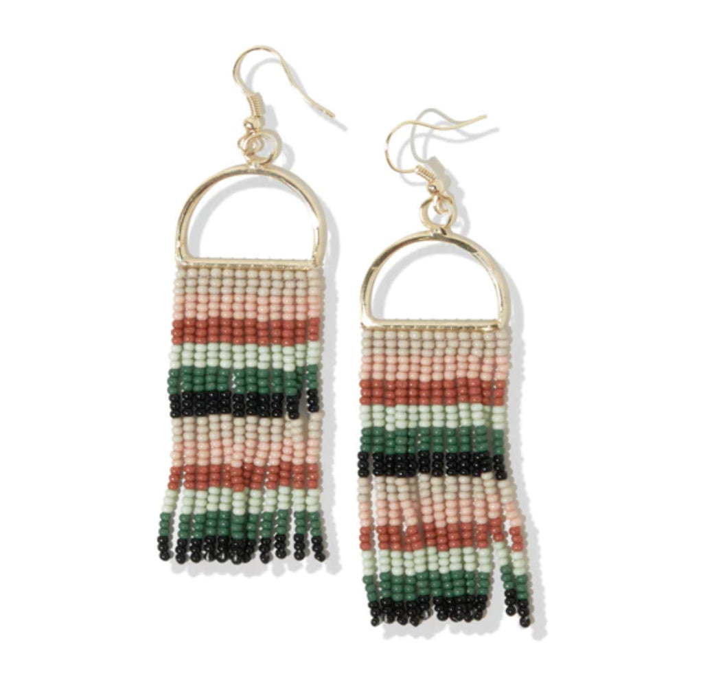 Green Mint Black Horizontal Stripe On Arch Fringe Seed Bead Earrings by Ink & Alloy - Lyla's: Clothing, Decor & More - Plano Boutique